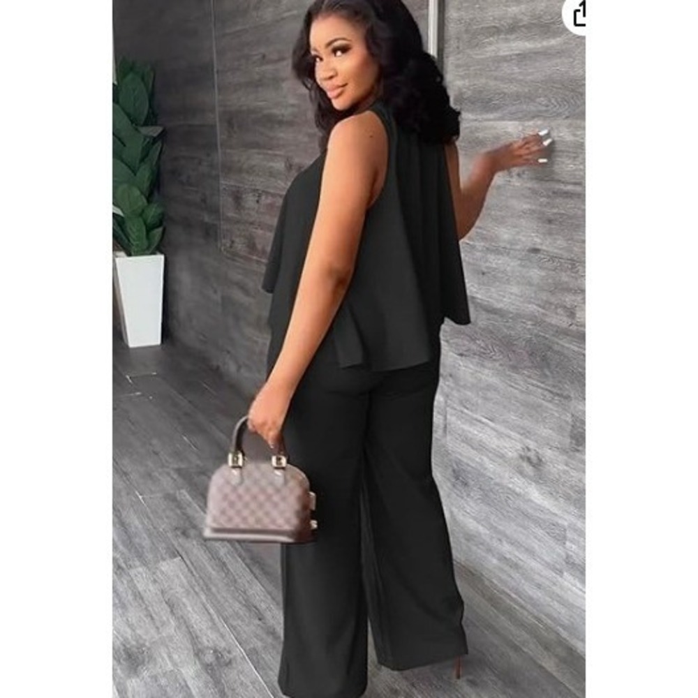 Black 2 Piece Set Pleated Tiered Tank Wide Leg Pants Plus 5XL